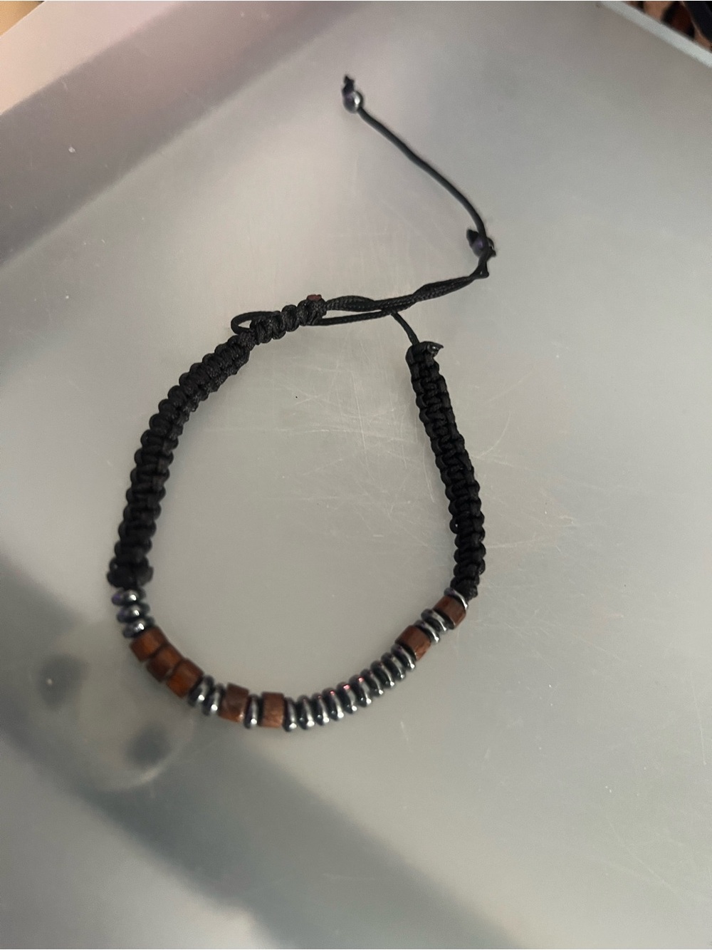Braided Black Cord Bracelet with Hematite and Brown Wood Beads